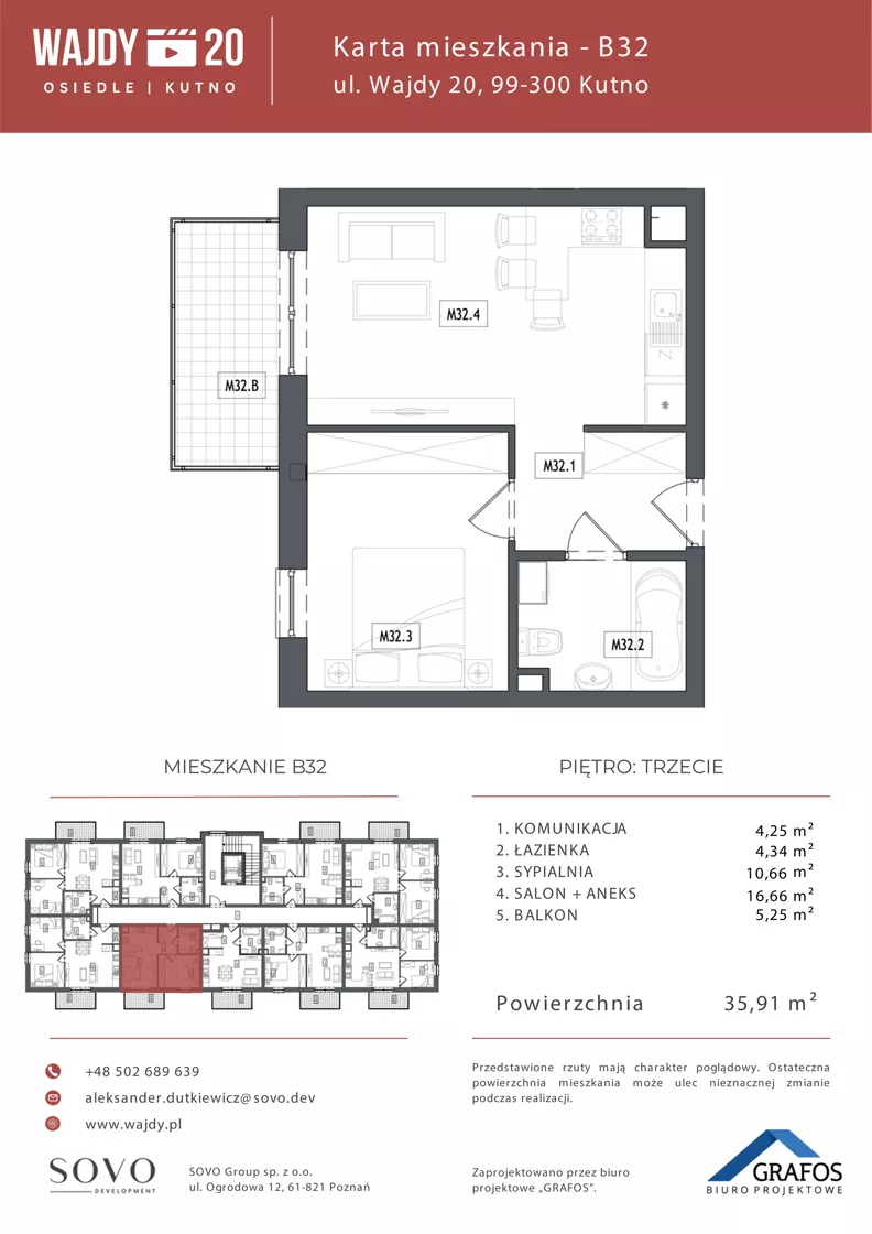 2 pokoje, mieszkanie 35,91 m², piętro 3, oferta nr B32, Osiedle Wajdy 20, Kutno, ul. Andrzeja Wajdy 20