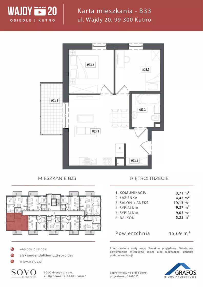 3 pokoje, mieszkanie 45,69 m², piętro 3, oferta nr B33, Osiedle Wajdy 20, Kutno, ul. Andrzeja Wajdy 20