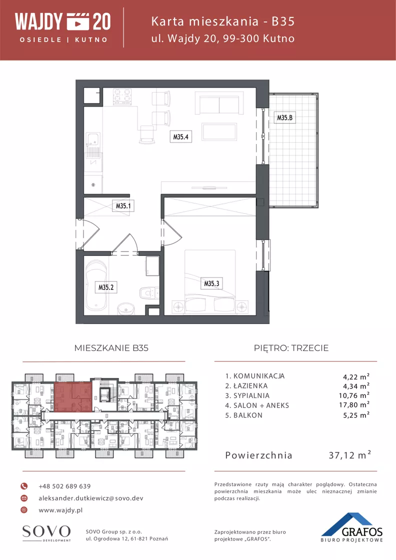 2 pokoje, mieszkanie 37,12 m², piętro 3, oferta nr B35, Osiedle Wajdy 20, Kutno, ul. Andrzeja Wajdy 20