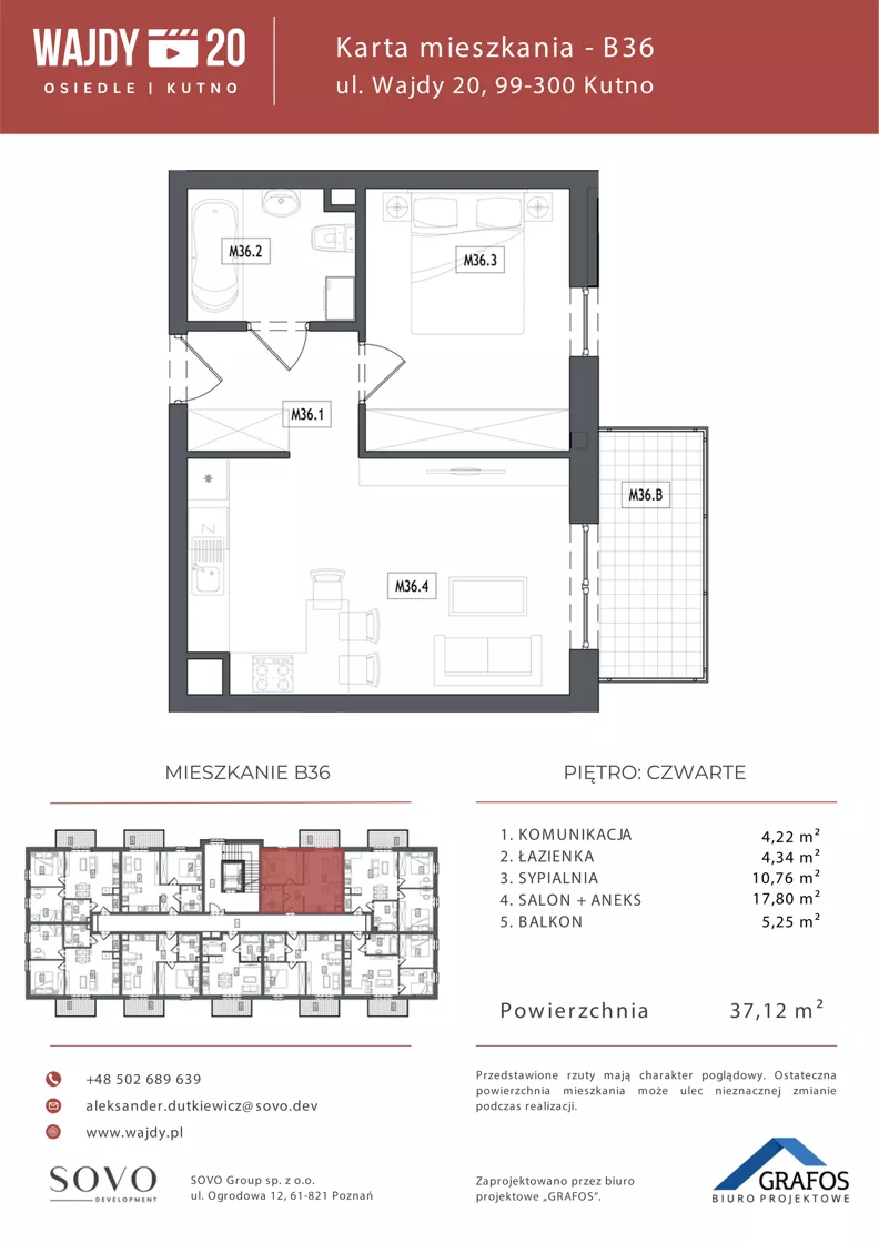 2 pokoje, mieszkanie 37,12 m², piętro 4, oferta nr B36, Osiedle Wajdy 20, Kutno, ul. Andrzeja Wajdy 20