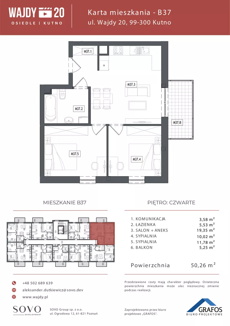 3 pokoje, mieszkanie 50,26 m², piętro 4, oferta nr B37, Osiedle Wajdy 20, Kutno, ul. Andrzeja Wajdy 20