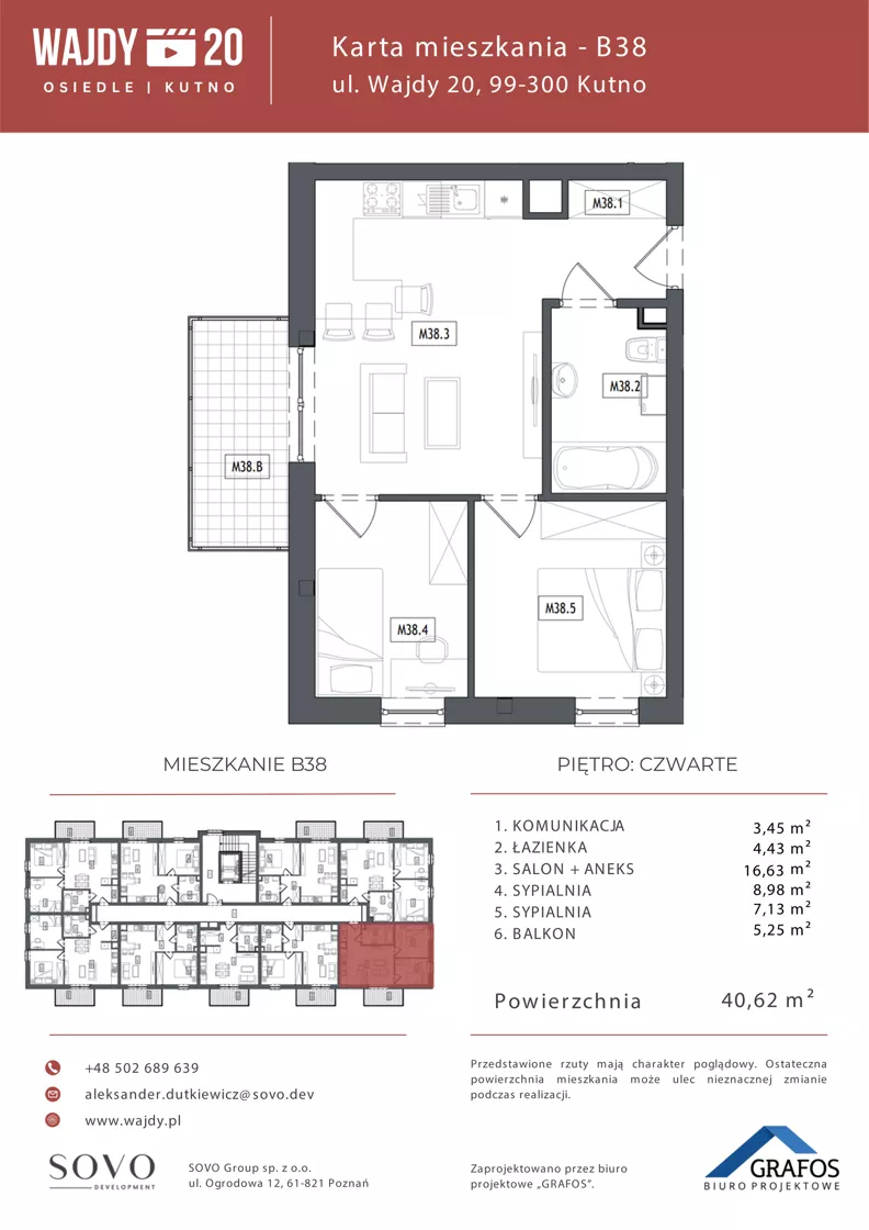 3 pokoje, mieszkanie 40,62 m², piętro 4, oferta nr B38, Osiedle Wajdy 20, Kutno, ul. Andrzeja Wajdy 20