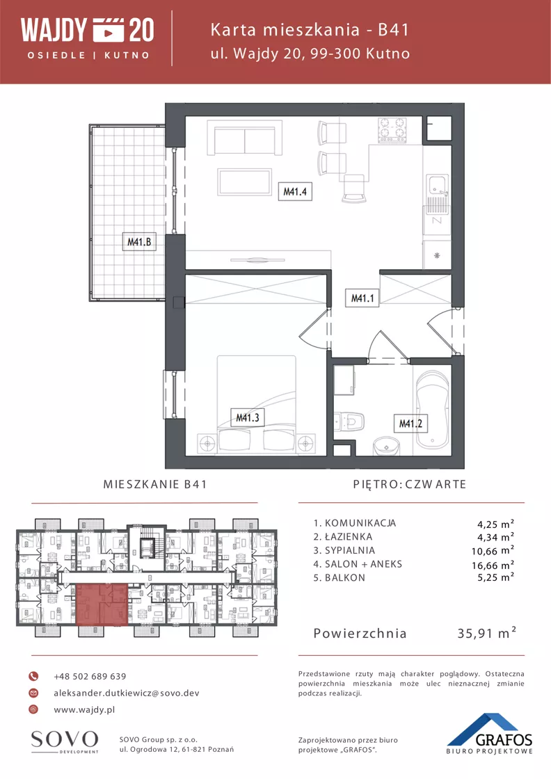 2 pokoje, mieszkanie 35,91 m², piętro 4, oferta nr B41, Osiedle Wajdy 20, Kutno, ul. Andrzeja Wajdy 20