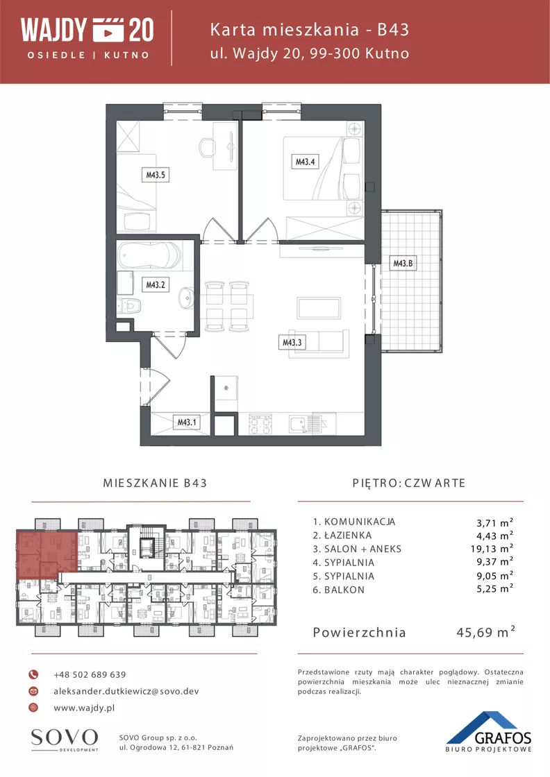 3 pokoje, mieszkanie 45,69 m², piętro 4, oferta nr B43, Osiedle Wajdy 20, Kutno, ul. Andrzeja Wajdy 20