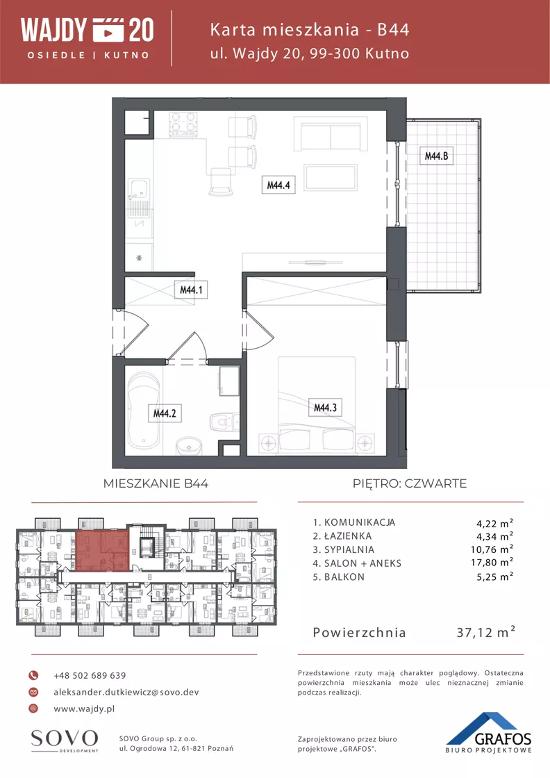 2 pokoje, mieszkanie 37,12 m², piętro 4, oferta nr B44, Osiedle Wajdy 20, Kutno, ul. Andrzeja Wajdy 20