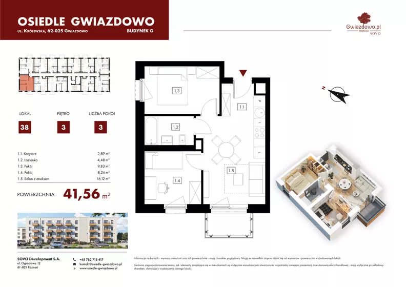 3 pokoje, mieszkanie 41,56 m², piętro 3, oferta nr G38, Osiedle Gwiazdowo, Gwiazdowo, ul. Mikołaja Kopernika