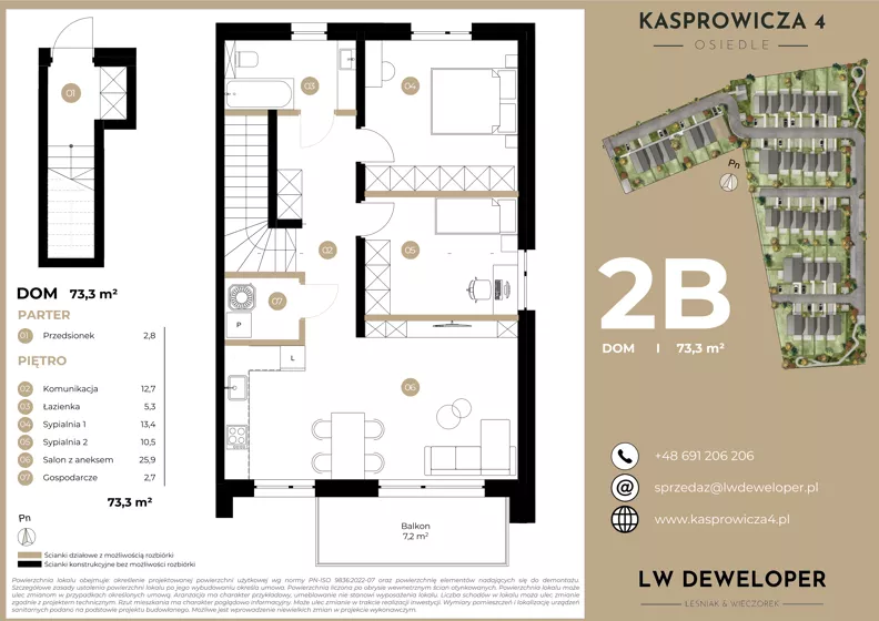 3 pokoje, mieszkanie 73,30 m², piętro 1, oferta nr 2B, Osiedle Kasprowicza 4, Łódź, Widzew, Nowosolna, ul. Kasprowicza 4