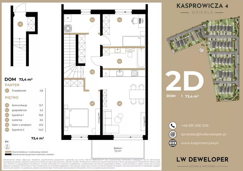 3 pokoje, mieszkanie 73,40 m², piętro 1, oferta nr 2D, Osiedle Kasprowicza 4, Łódź, Widzew, Nowosolna, ul. Kasprowicza 4