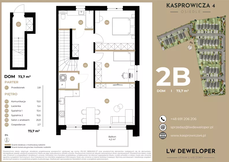 3 pokoje, mieszkanie 73,70 m², piętro 1, oferta nr 2B, Osiedle Kasprowicza 4, Łódź, Widzew, Nowosolna, ul. Kasprowicza 4