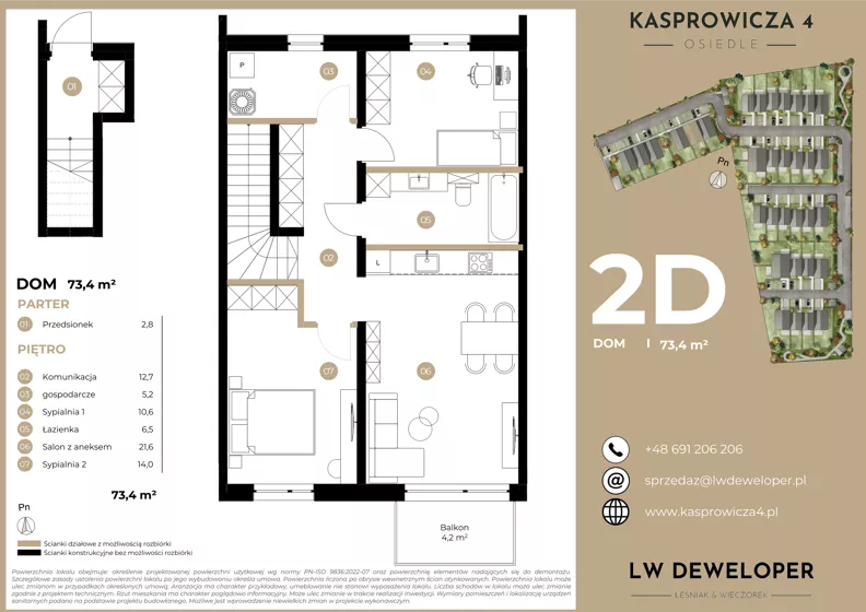 3 pokoje, mieszkanie 73,40 m², piętro 1, oferta nr 2D, Osiedle Kasprowicza 4, Łódź, Widzew, Nowosolna, ul. Kasprowicza 4