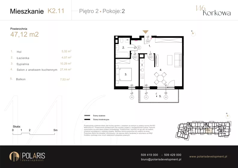 2 pokoje, mieszkanie 47,12 m², piętro 2, oferta nr K2.11, Korkowa 146, Warszawa, Wawer, ul. Korkowa 146