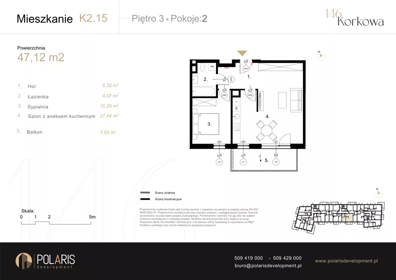 2 pokoje, mieszkanie 47,12 m², piętro 3, oferta nr K2.15, Korkowa 146, Warszawa, Wawer, ul. Korkowa 146