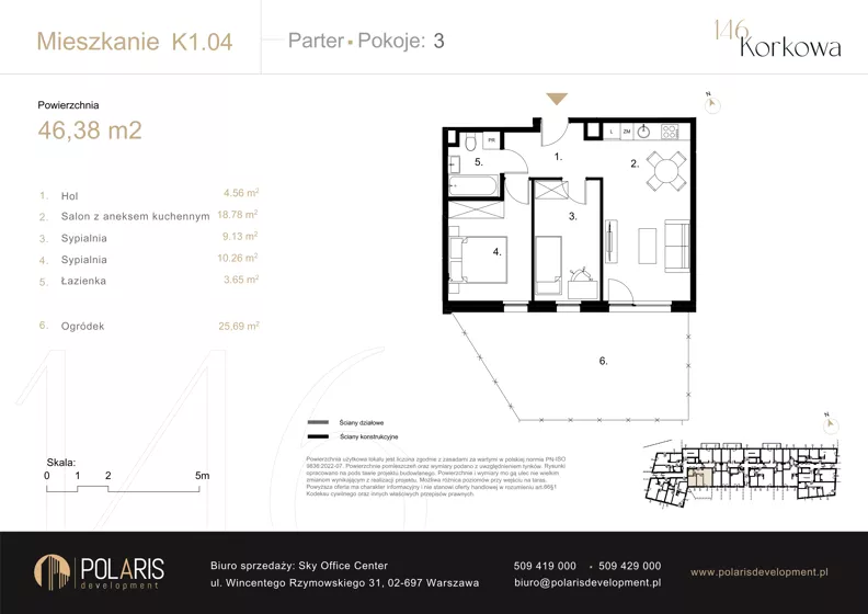 3 pokoje, mieszkanie 46,37 m², parter, oferta nr K1.04, Korkowa 146, Warszawa, Wawer, ul. Korkowa 146