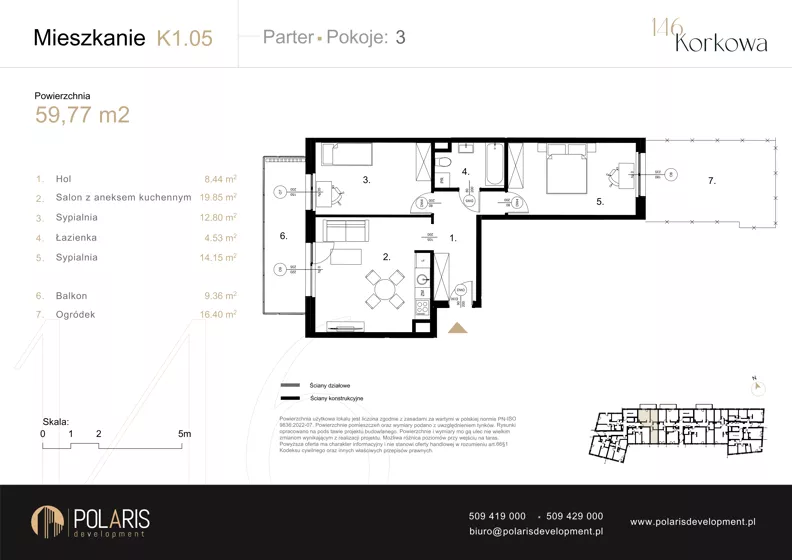 3 pokoje, mieszkanie 59,77 m², parter, oferta nr K1.05, Korkowa 146, Warszawa, Wawer, ul. Korkowa 146
