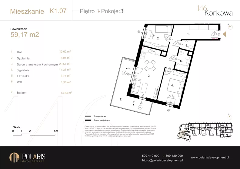 3 pokoje, mieszkanie 59,17 m², piętro 1, oferta nr K1.07, Korkowa 146, Warszawa, Wawer, ul. Korkowa 146
