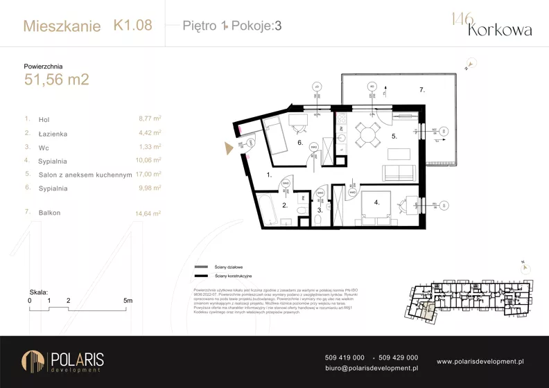 3 pokoje, mieszkanie 51,56 m², piętro 1, oferta nr K1.08, Korkowa 146, Warszawa, Wawer, ul. Korkowa 146