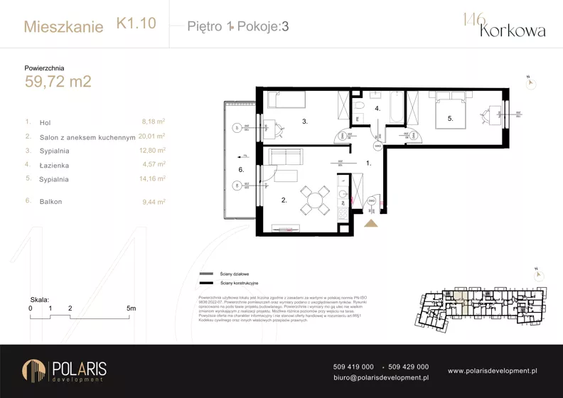 3 pokoje, mieszkanie 59,72 m², piętro 1, oferta nr K1.10, Korkowa 146, Warszawa, Wawer, ul. Korkowa 146