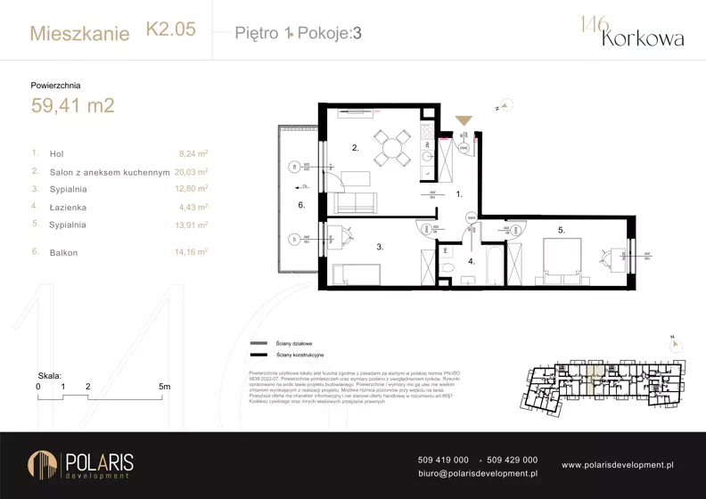 3 pokoje, mieszkanie 59,41 m², piętro 1, oferta nr K2.05, Korkowa 146, Warszawa, Wawer, ul. Korkowa 146