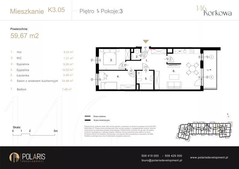 3 pokoje, mieszkanie 59,67 m², piętro 1, oferta nr K3.05, Korkowa 146, Warszawa, Wawer, ul. Korkowa 146