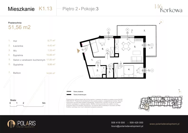 3 pokoje, mieszkanie 51,56 m², piętro 2, oferta nr K1.13, Korkowa 146, Warszawa, Wawer, ul. Korkowa 146