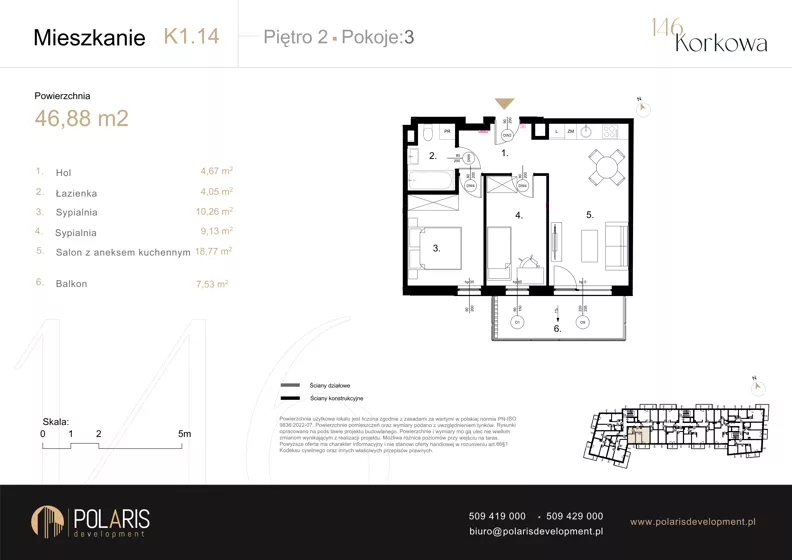 3 pokoje, mieszkanie 46,88 m², piętro 2, oferta nr K1.14, Korkowa 146, Warszawa, Wawer, ul. Korkowa 146