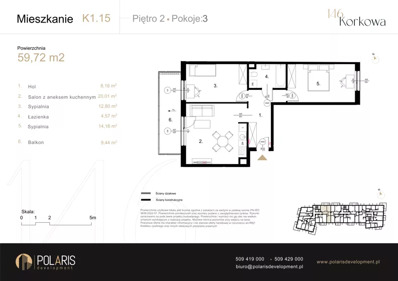 3 pokoje, mieszkanie 59,72 m², piętro 2, oferta nr K1.15, Korkowa 146, Warszawa, Wawer, ul. Korkowa 146