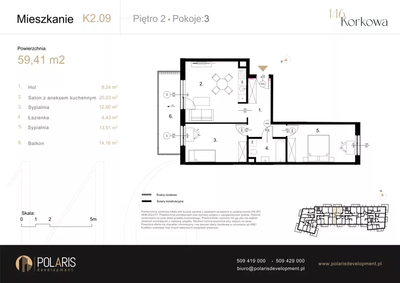 3 pokoje, mieszkanie 59,41 m², piętro 2, oferta nr K2.09, Korkowa 146, Warszawa, Wawer, ul. Korkowa 146
