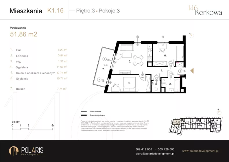 3 pokoje, mieszkanie 51,86 m², piętro 3, oferta nr K1.16, Korkowa 146, Warszawa, Wawer, ul. Korkowa 146