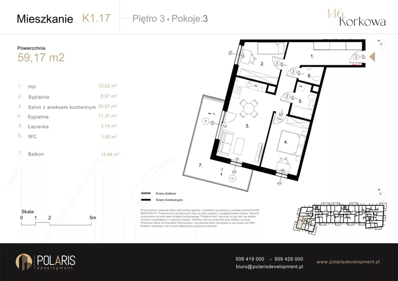 3 pokoje, mieszkanie 59,17 m², piętro 3, oferta nr K1.17, Korkowa 146, Warszawa, Wawer, ul. Korkowa 146