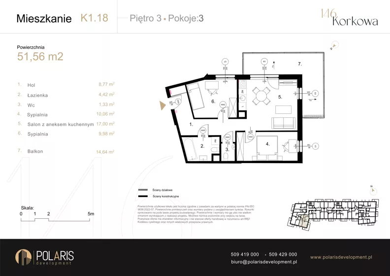 3 pokoje, mieszkanie 51,56 m², piętro 3, oferta nr K1.18, Korkowa 146, Warszawa, Wawer, ul. Korkowa 146