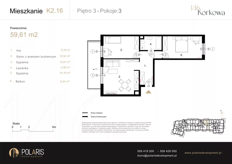 3 pokoje, mieszkanie 59,61 m², piętro 3, oferta nr K2.16, Korkowa 146, Warszawa, Wawer, ul. Korkowa 146