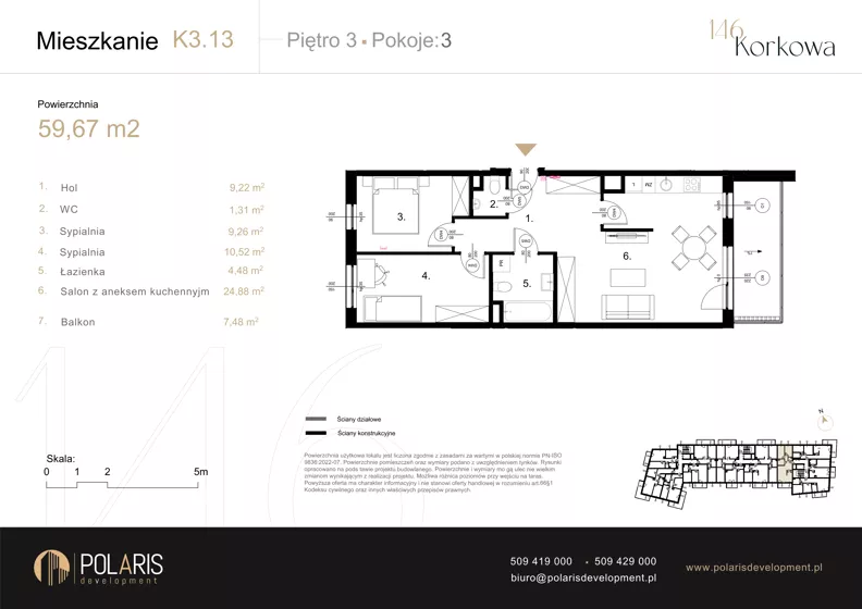 3 pokoje, mieszkanie 59,67 m², piętro 3, oferta nr K3.13, Korkowa 146, Warszawa, Wawer, ul. Korkowa 146
