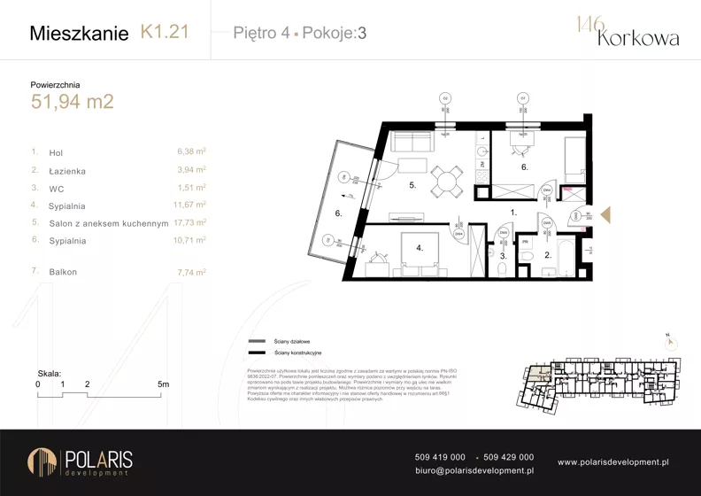 3 pokoje, mieszkanie 51,94 m², piętro 4, oferta nr K1.21, Korkowa 146, Warszawa, Wawer, ul. Korkowa 146