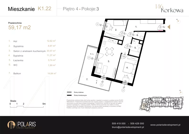 3 pokoje, mieszkanie 59,17 m², piętro 4, oferta nr K1.22, Korkowa 146, Warszawa, Wawer, ul. Korkowa 146