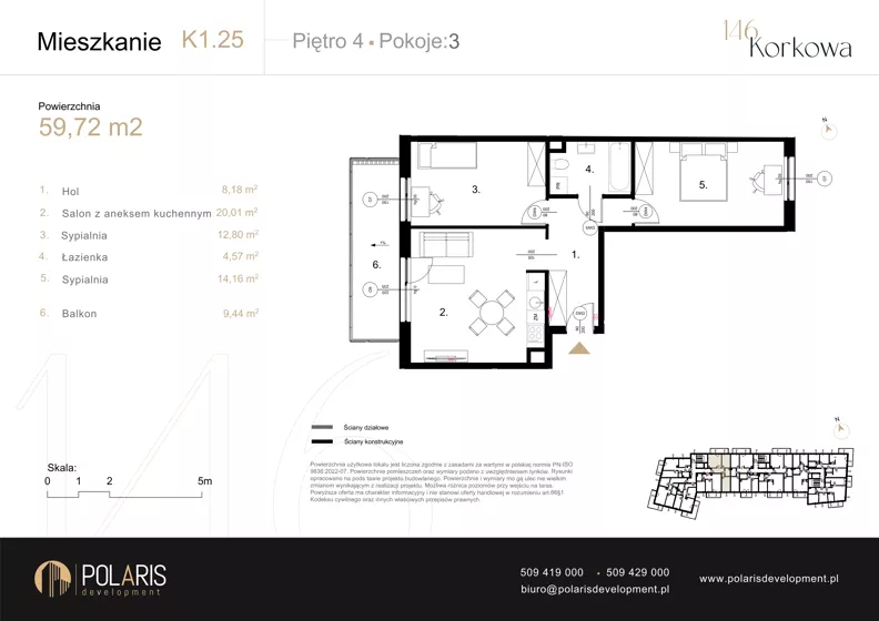 3 pokoje, mieszkanie 59,72 m², piętro 4, oferta nr K1.25, Korkowa 146, Warszawa, Wawer, ul. Korkowa 146