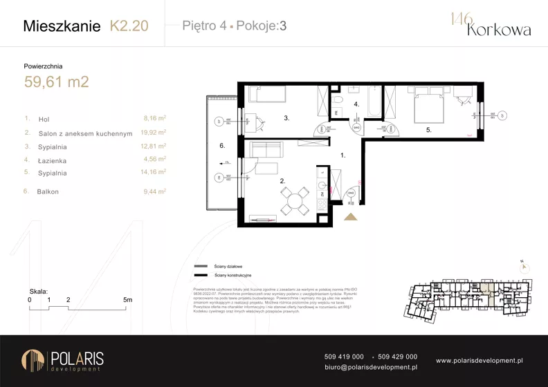 3 pokoje, mieszkanie 59,61 m², piętro 4, oferta nr K2.20, Korkowa 146, Warszawa, Wawer, ul. Korkowa 146
