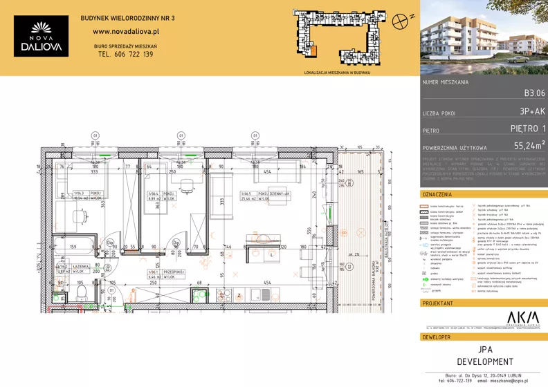 3 pokoje, mieszkanie 55,24 m², piętro 1, oferta nr B3.06, Nova Daliova bud. B3, Lublin, Ponikwoda, ul. Daliowa
