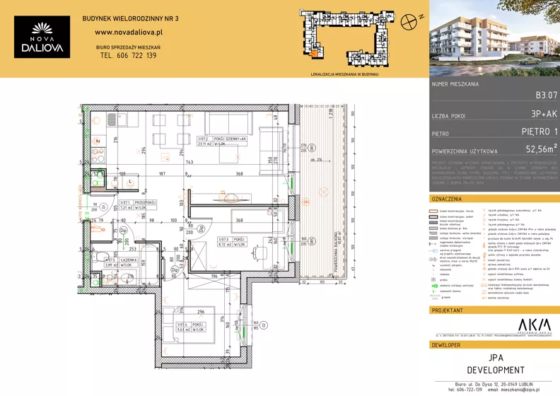 3 pokoje, mieszkanie 52,56 m², piętro 1, oferta nr B3.07, Nova Daliova bud. B3, Lublin, Ponikwoda, ul. Daliowa