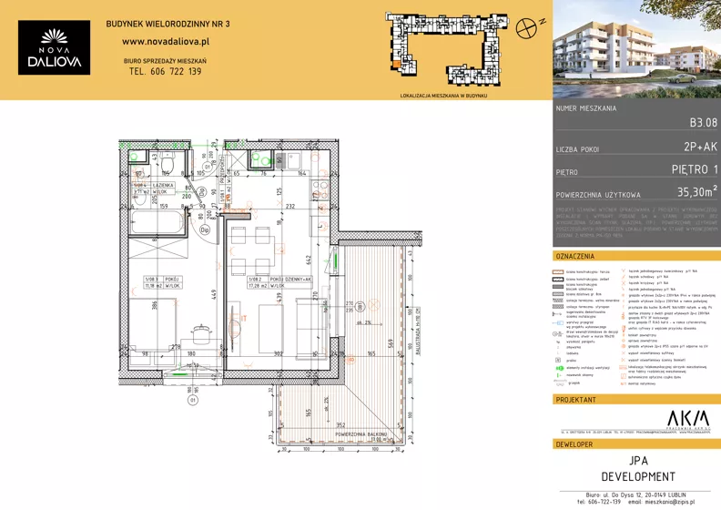 2 pokoje, mieszkanie 35,30 m², piętro 1, oferta nr B3.08, Nova Daliova bud. B3, Lublin, Ponikwoda, ul. Daliowa