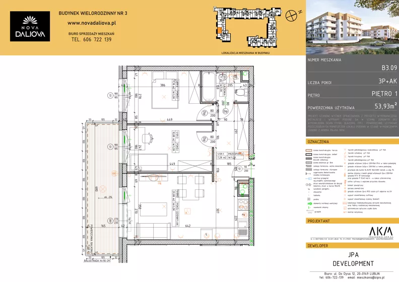 3 pokoje, mieszkanie 53,93 m², piętro 1, oferta nr B3.09, Nova Daliova bud. B3, Lublin, Ponikwoda, ul. Daliowa