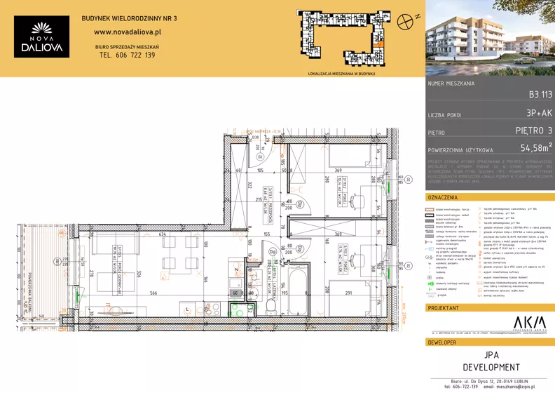 3 pokoje, mieszkanie 54,57 m², piętro 3, oferta nr B3.113, Nova Daliova bud. B3, Lublin, Ponikwoda, ul. Daliowa