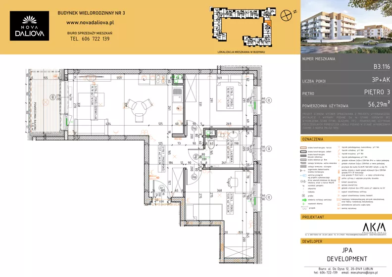 3 pokoje, mieszkanie 56,29 m², piętro 3, oferta nr B3.116, Nova Daliova bud. B3, Lublin, Ponikwoda, ul. Daliowa