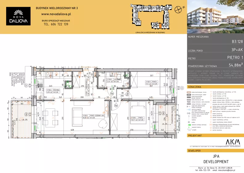3 pokoje, mieszkanie 54,88 m², piętro 1, oferta nr B3.128, Nova Daliova bud. B3, Lublin, Ponikwoda, ul. Daliowa