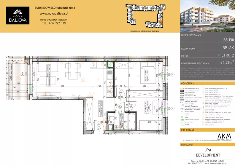 3 pokoje, mieszkanie 54,29 m², piętro 2, oferta nr B3.130, Nova Daliova bud. B3, Lublin, Ponikwoda, ul. Daliowa
