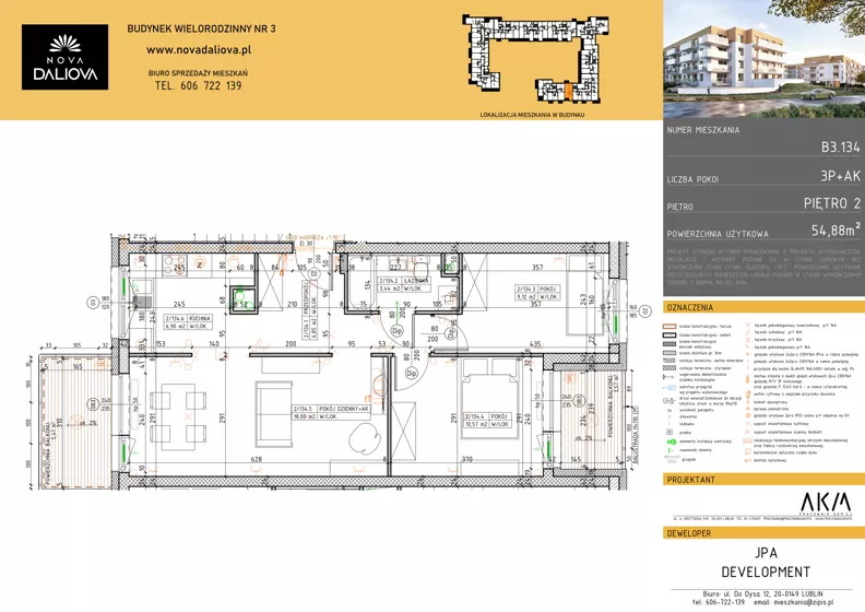3 pokoje, mieszkanie 54,88 m², piętro 2, oferta nr B3.134, Nova Daliova bud. B3, Lublin, Ponikwoda, ul. Daliowa