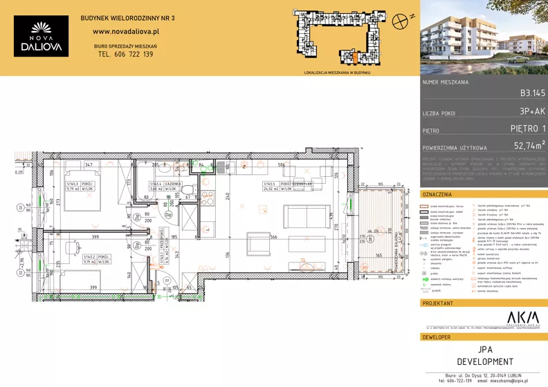 3 pokoje, mieszkanie 52,74 m², piętro 1, oferta nr B3.145, Nova Daliova bud. B3, Lublin, Ponikwoda, ul. Daliowa