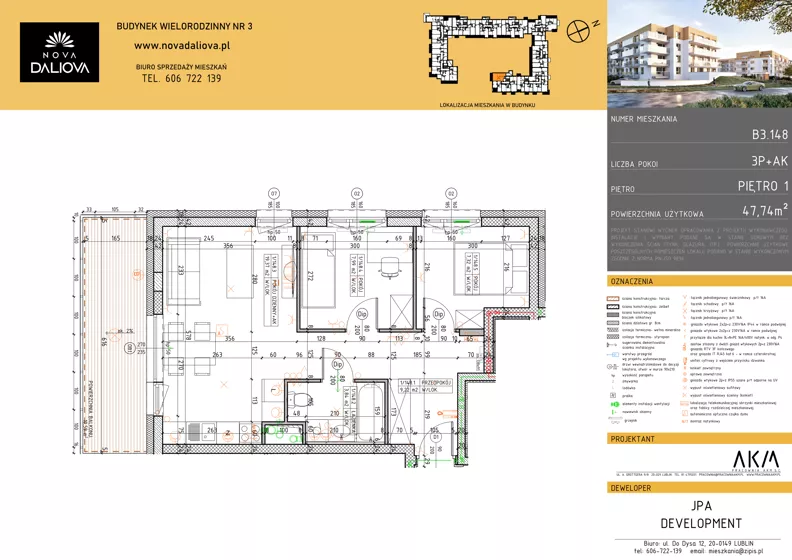 3 pokoje, mieszkanie 47,74 m², piętro 1, oferta nr B3.148, Nova Daliova bud. B3, Lublin, Ponikwoda, ul. Daliowa