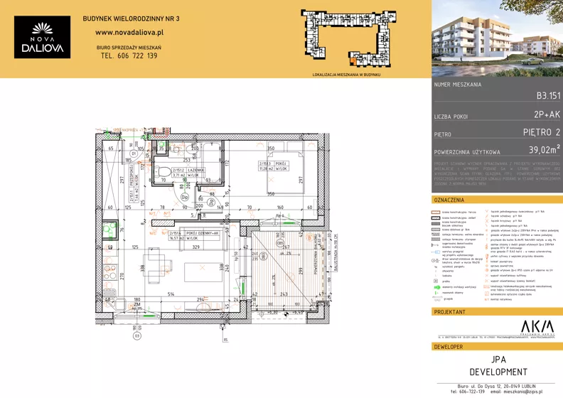 2 pokoje, mieszkanie 39,02 m², piętro 2, oferta nr B3.151, Nova Daliova bud. B3, Lublin, Ponikwoda, ul. Daliowa