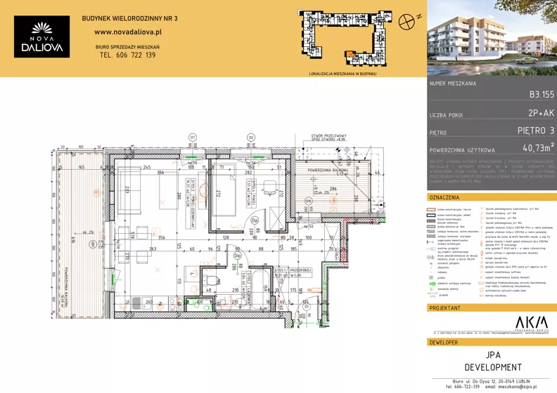 2 pokoje, mieszkanie 40,73 m², piętro 3, oferta nr B3.155, Nova Daliova bud. B3, Lublin, Ponikwoda, ul. Daliowa