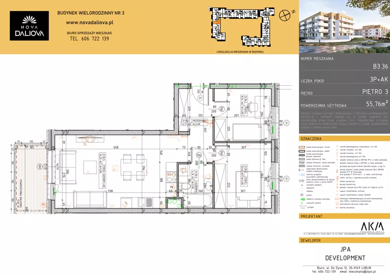 3 pokoje, mieszkanie 55,76 m², piętro 3, oferta nr B3.36, Nova Daliova bud. B3, Lublin, Ponikwoda, ul. Daliowa